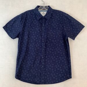 MBX Denim Wear Mens Small Shirt Navy Blue Geometric Print Short Sleeve Button Up